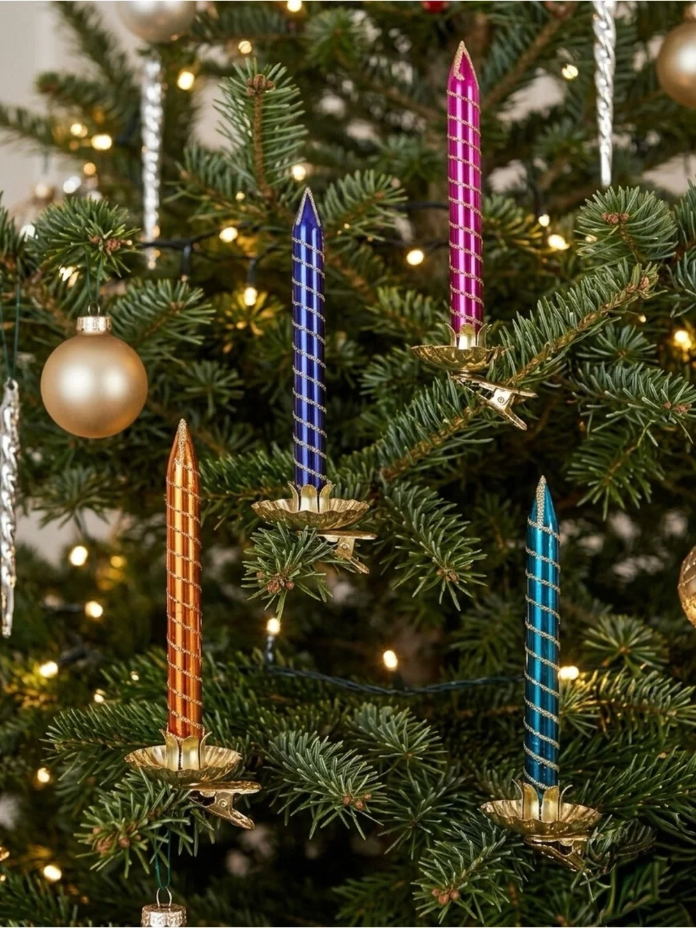 Vintage Glass Candle Tree Ornaments Multi Color Gold Glitter Clip On Set of 4
